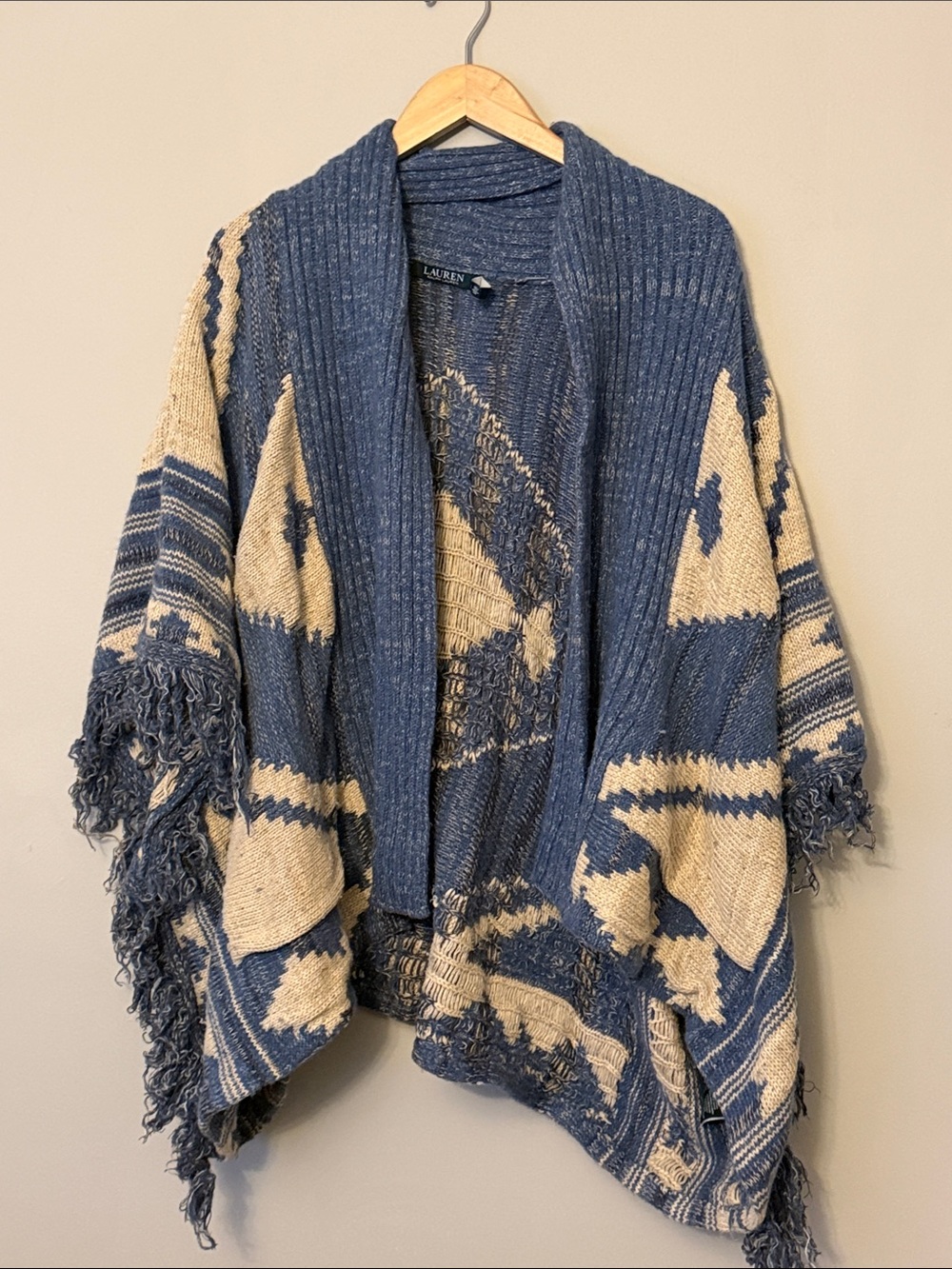 Lauren Ralph Lauren Wool Aztec Southwestern Fringe Poncho S/M